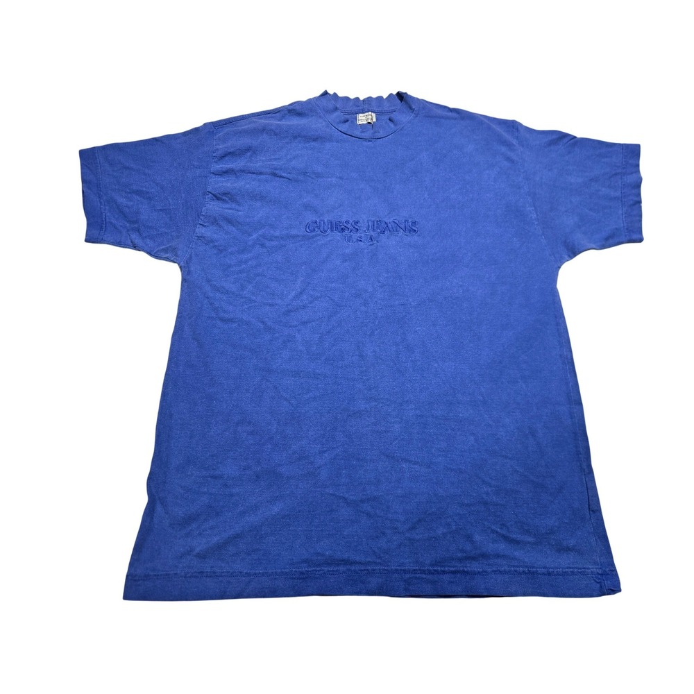 Vintage Guess‎ Jeans T-Shirt Mens Large Blue Embroidered Spellout USA Made